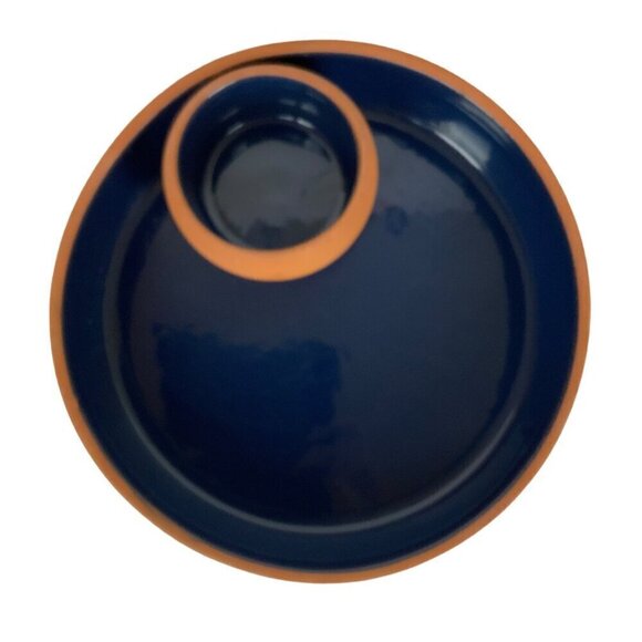 Cabin Fever Chip & Dip Platter Glazed Blue Interior Terracotta Exterior Made In - Picture 4 of 9